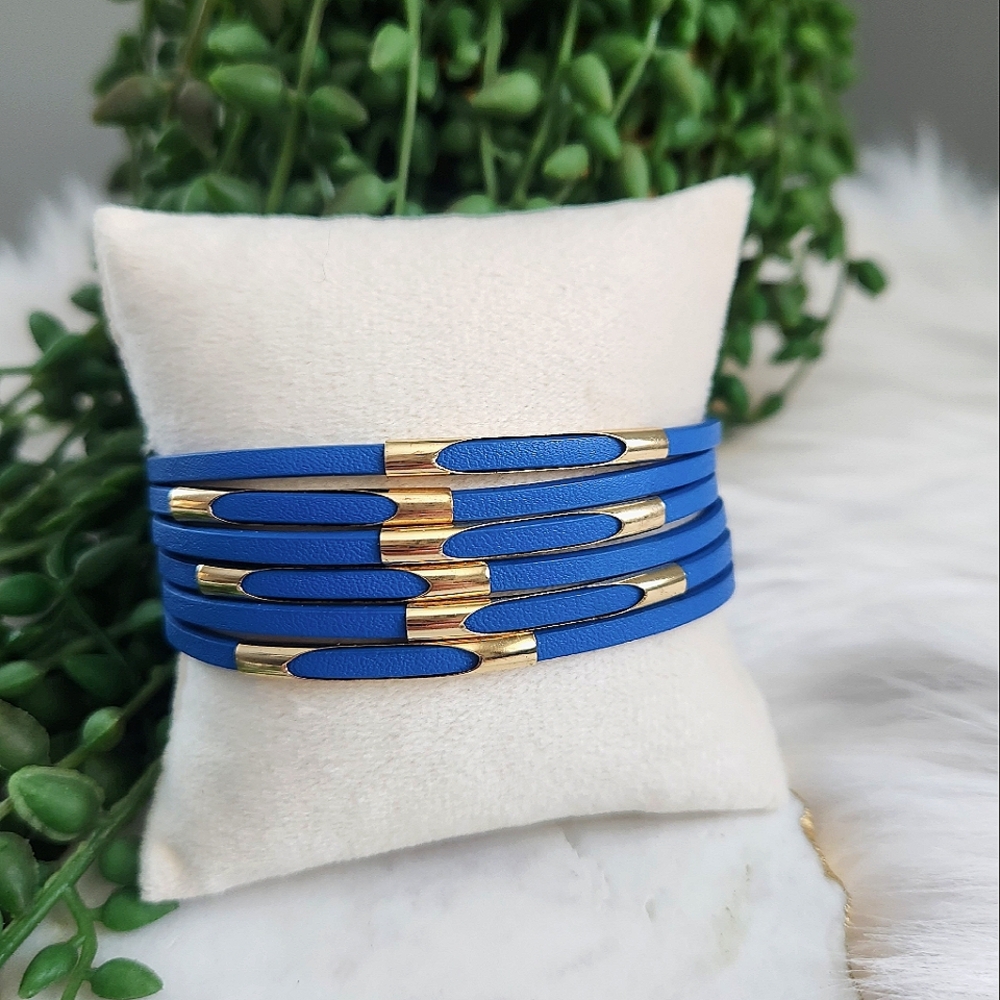 New Ryze Women's Royal Blue & Gold Strappy Vegan Leather Magnetic Wrap Bracelet